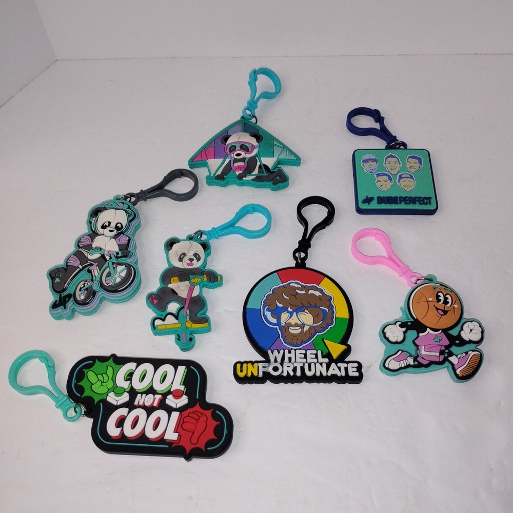 Lot Of 7 Dude Perfect Backpack Keychains DP Panda Rocket Basketball Pogo Bike